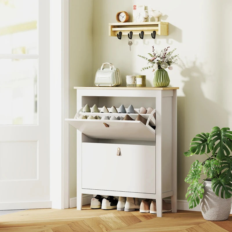 Narrow Shoe Cabinet with 2 Flip Drawers, Adjustable Shelves for Entryway, Holds 10-14 Pairs, White