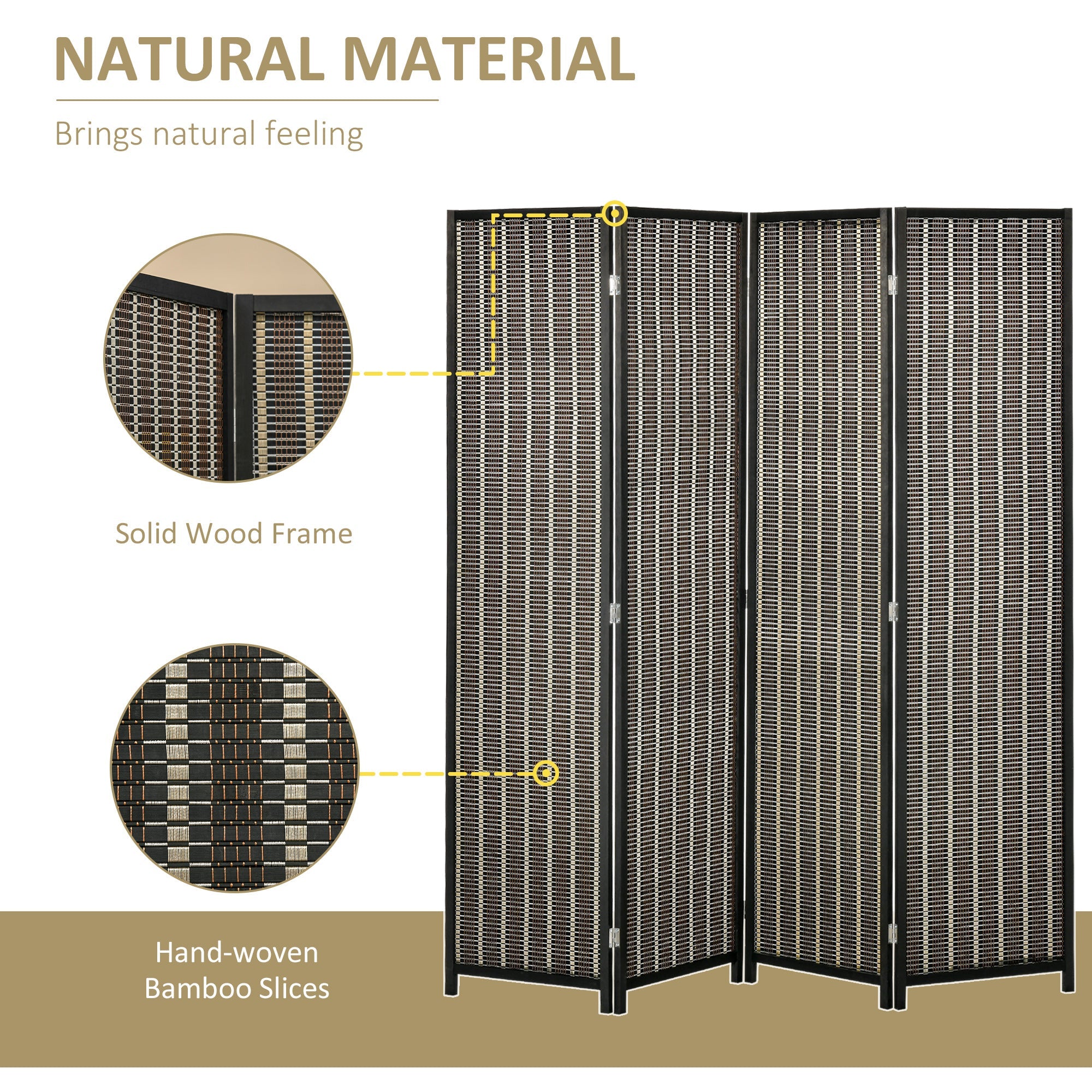 HOMCOM Bamboo Bliss: 4-Panel 6ft Tall Folding Bamboo Room Divider, Indoor Privacy Screen for Bedroom, Office, Brown Finish 