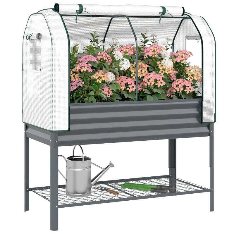 Galvanised Raised Garden Bed with Greenhouse Cover, Metal Elevated Planter Box with Bed Liner, Bottom Shelf, Dark Grey