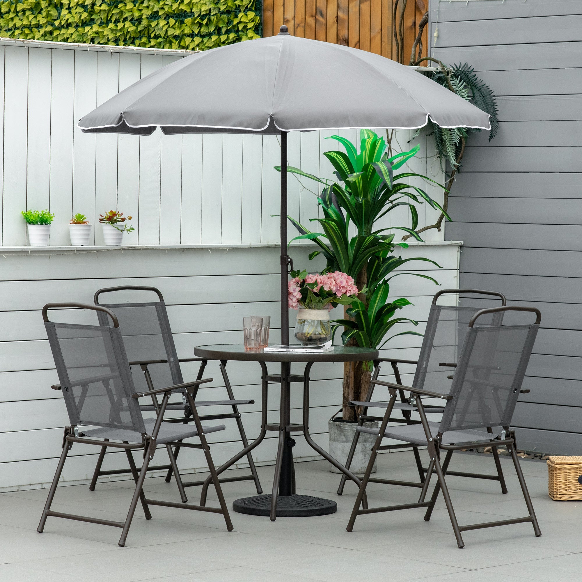 Outsunny 6 Pieces Outdoor Dining Set for 4 with Umbrella Patio Outdoor Furniture Set with Round Table 4 Folding Chairs Grey 