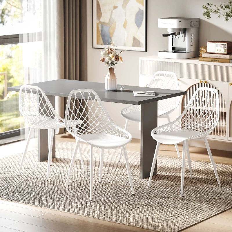 Modern Dining Chairs Set of 4, Plastic Kitchen Chairs with Hollow Backrest and Metal Legs for Living Dining Room, White