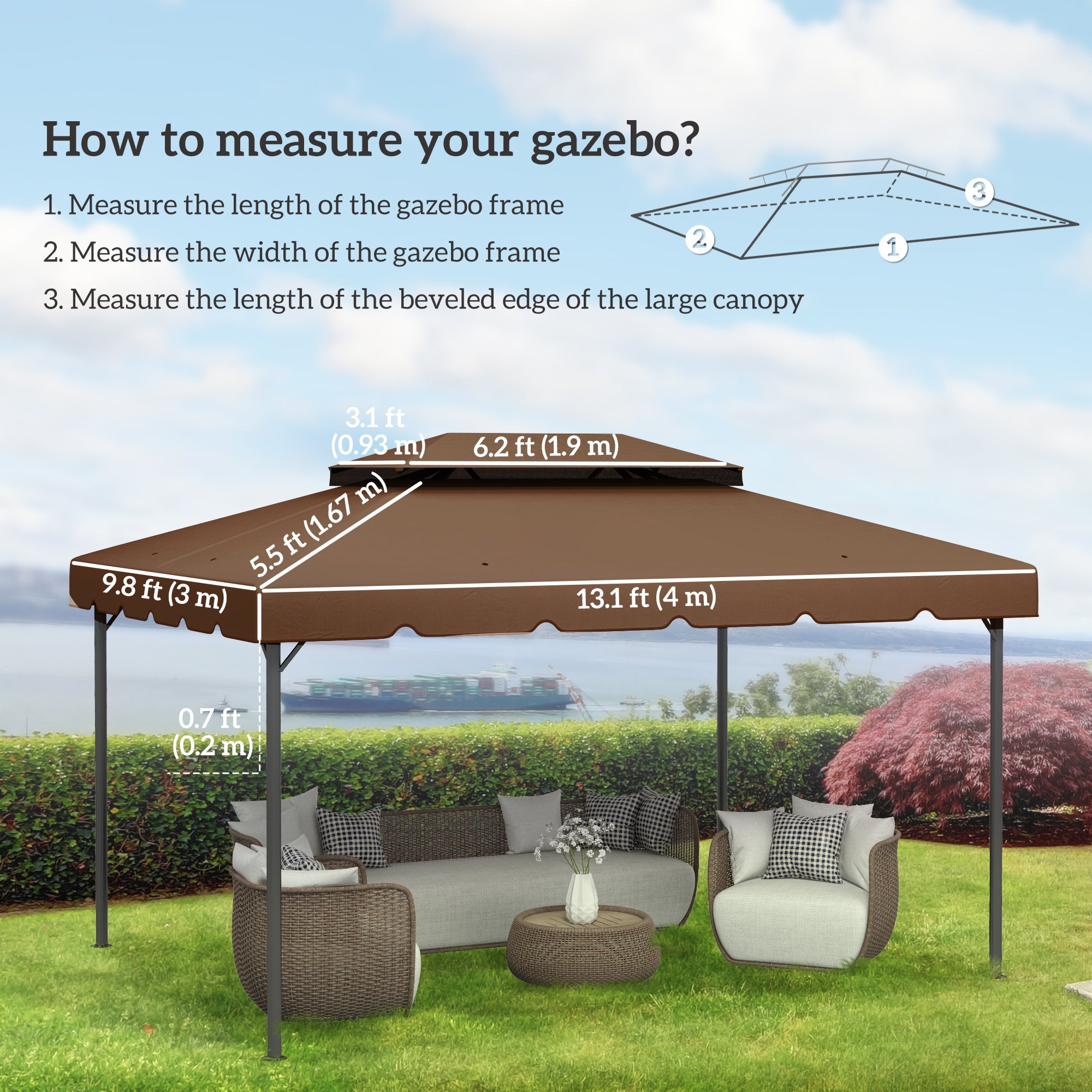 Outsunny 12.8' x 9.5' Gazebo Replacement Canopy, Gazebo Top Cover with Double Vented Roof for Garden Patio Outdoor (TOP ONLY), Coffee 