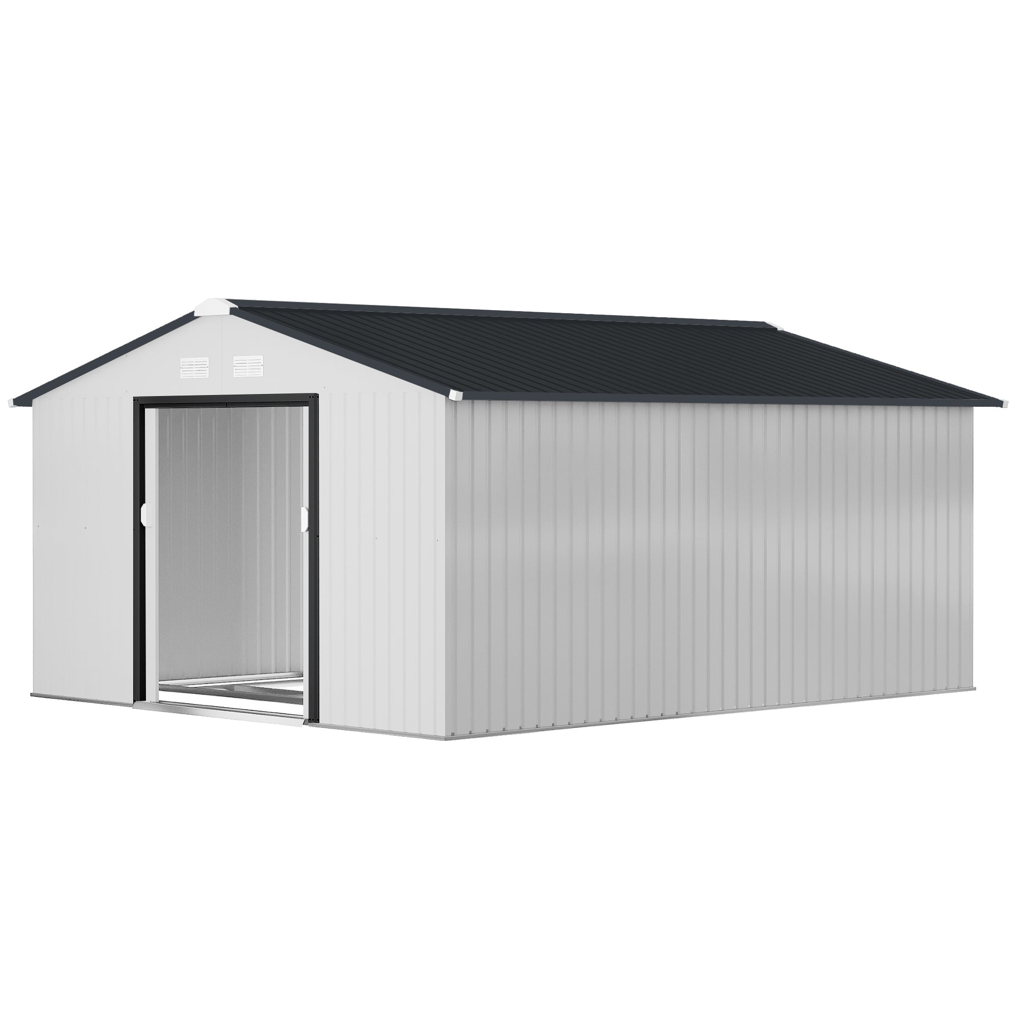 Outsunny 11' x 13' Garden Storage Shed w/ Foundation Kit Metal Tool Storage House w/ Double Doors White 