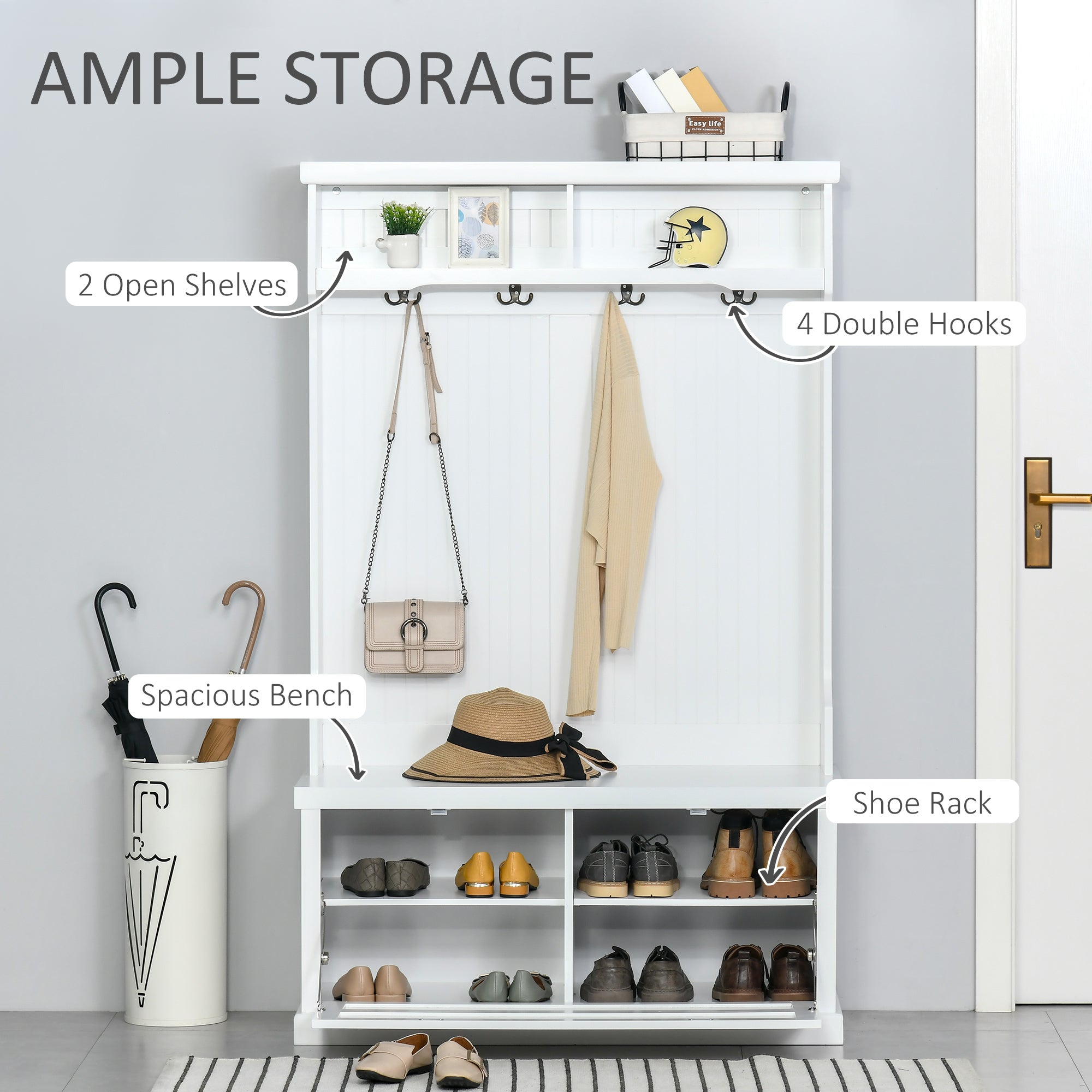 HOMCOM 3-in-1 Entryway Elegance: Modern Hall Tree Coat Rack with Shoe Storage Bench and Hooks for Bedroom, White Finish 