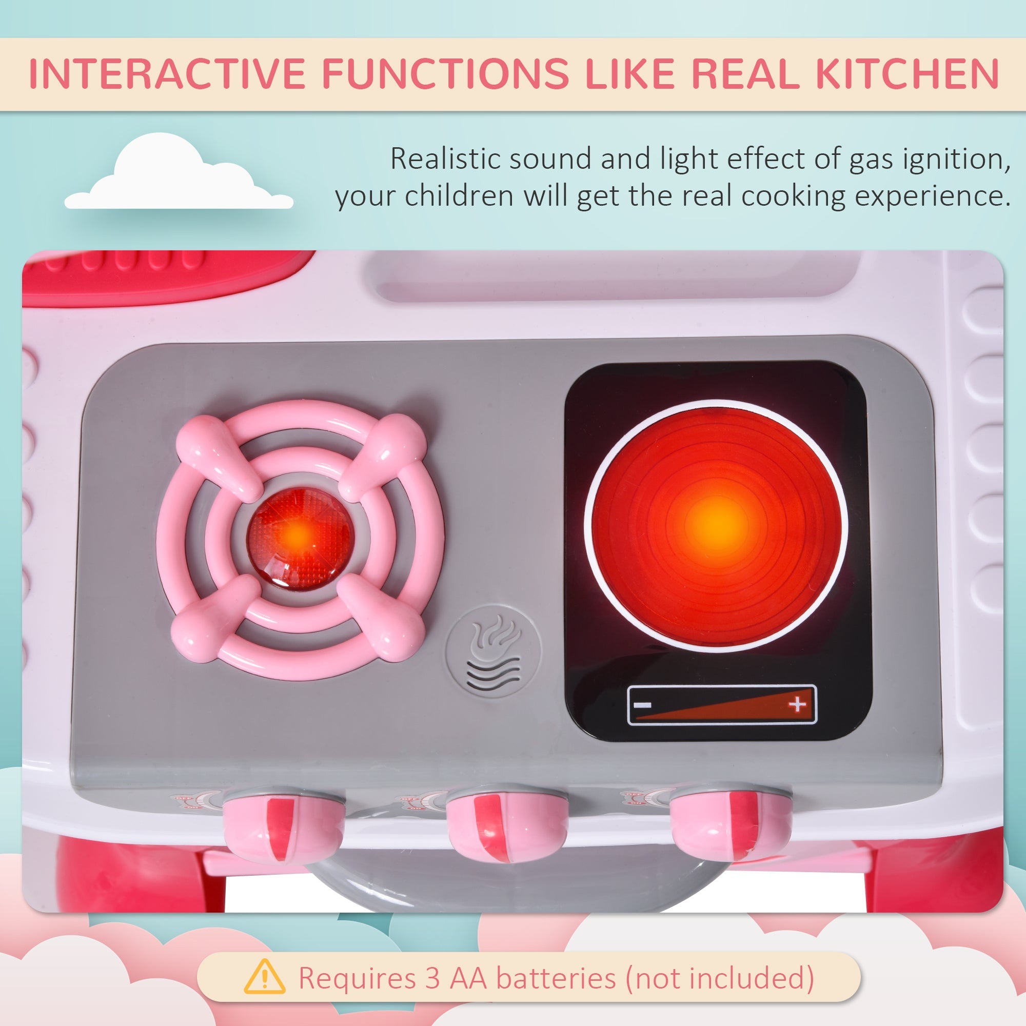 Qaba Children's Kitchen Playset with Light & Sound, 38Pcs Toy Accessories, Ideal for Pretend Play, Pink 
