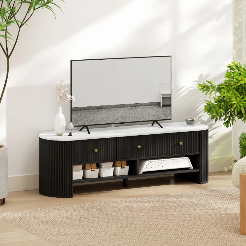 TV Stand, Modern TV Table with Marble-Effect Top, 3 Drawers and 2 Open Shelves for 32-65 Inch Television, Black
