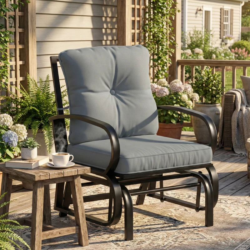 Patio Glider, Outdoor Glider Chair with Cushions, Steel Frame, Curved Armrests, Light Grey
