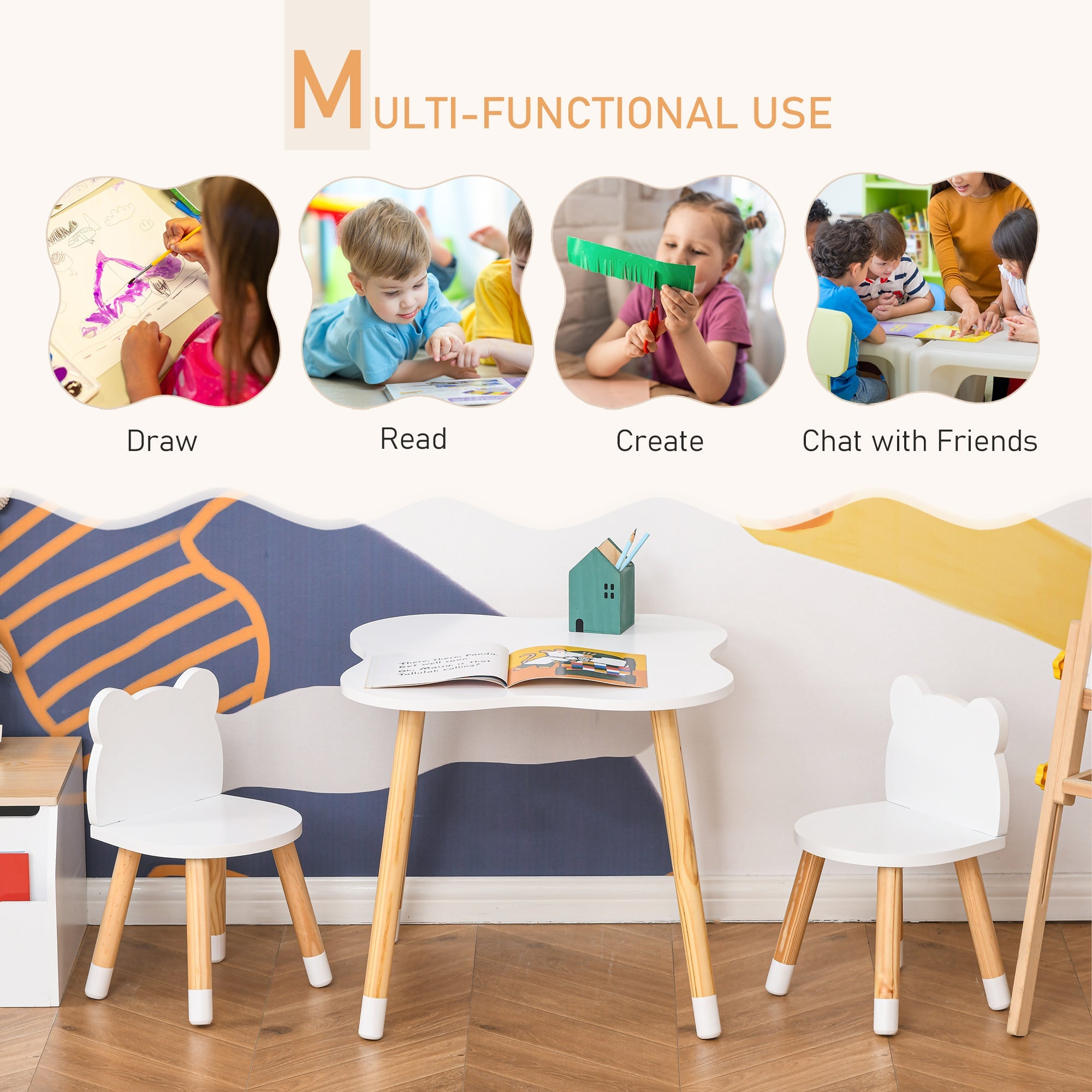 Qaba Wooden Kids Table & Chair Set: Cute Bear Design, Rounded Edges for Toddler Dining/Play in White 