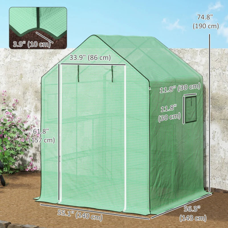 Portable Greenhouse, Walk-In Small Outdoor Green House with 2 Tier U-Shaped Flower Rack Shelves, 4.6' x 4.7', Green