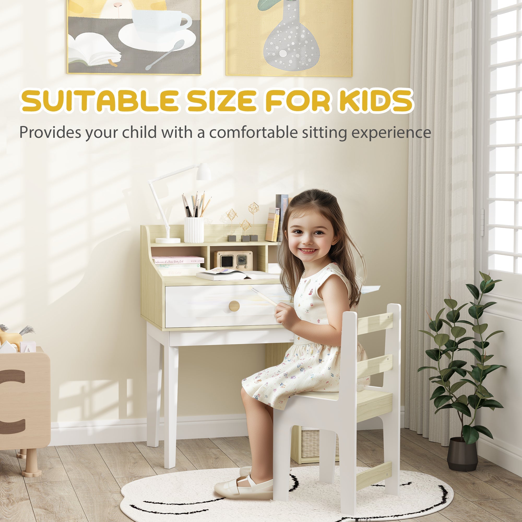 Qaba Kids Desk and Chair Set with Storage Shelves, Drawer, for 3-10 Years, White 