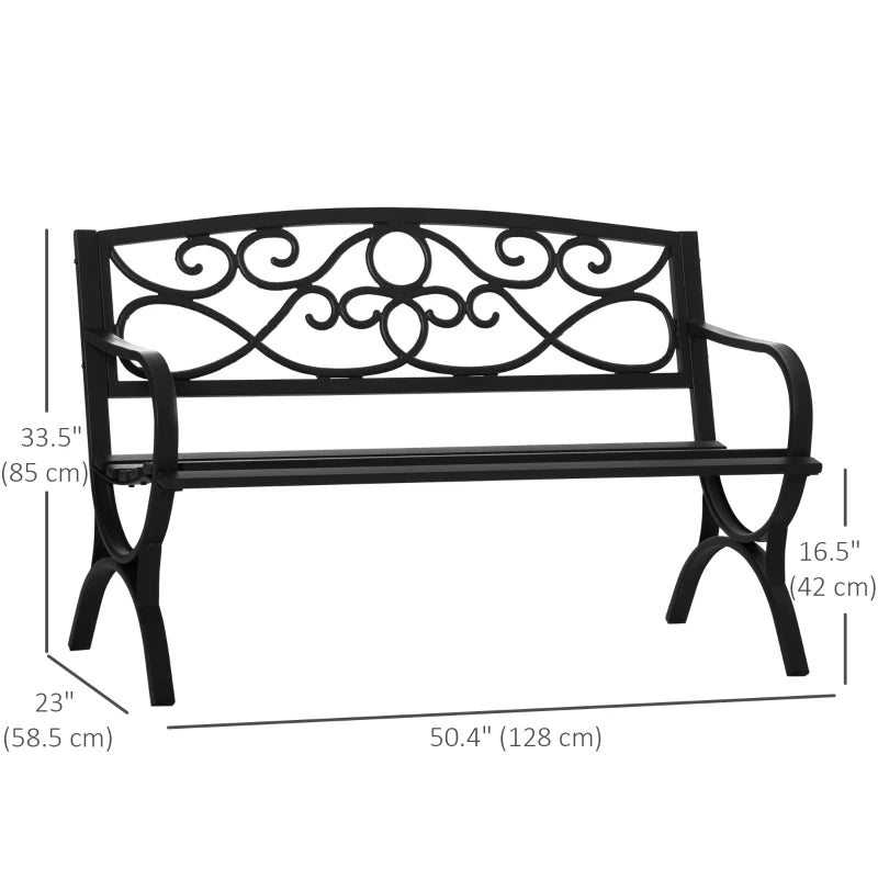 50" 2-Seater Outdoor Garden Bench Antique Loveseat with Armrest for Yard, Lawn, Porch, Patio, Steel/ Black