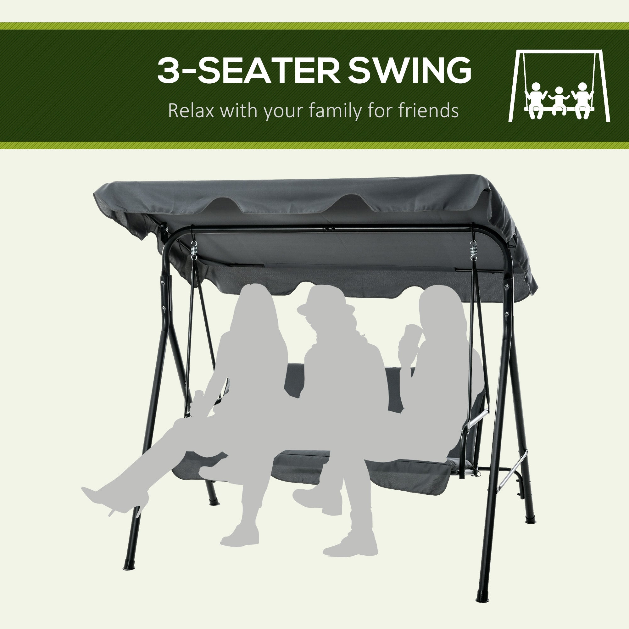 Outsunny 3-Seater Outdoor Porch Swing with Adjustable Canopy, Patio Swing Chair for Garden, Poolside, Backyard, Grey 