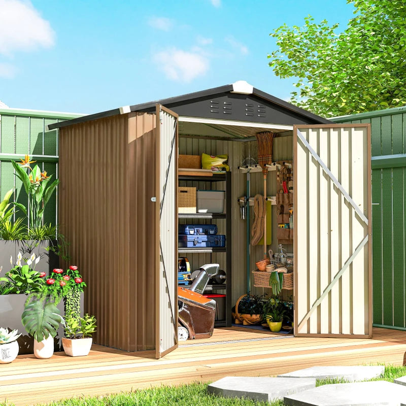 6.5' x 4'  Outdoor Storage Shed, Metal Garden Shed with Lockable Double Doors, 4 Vents, Brown