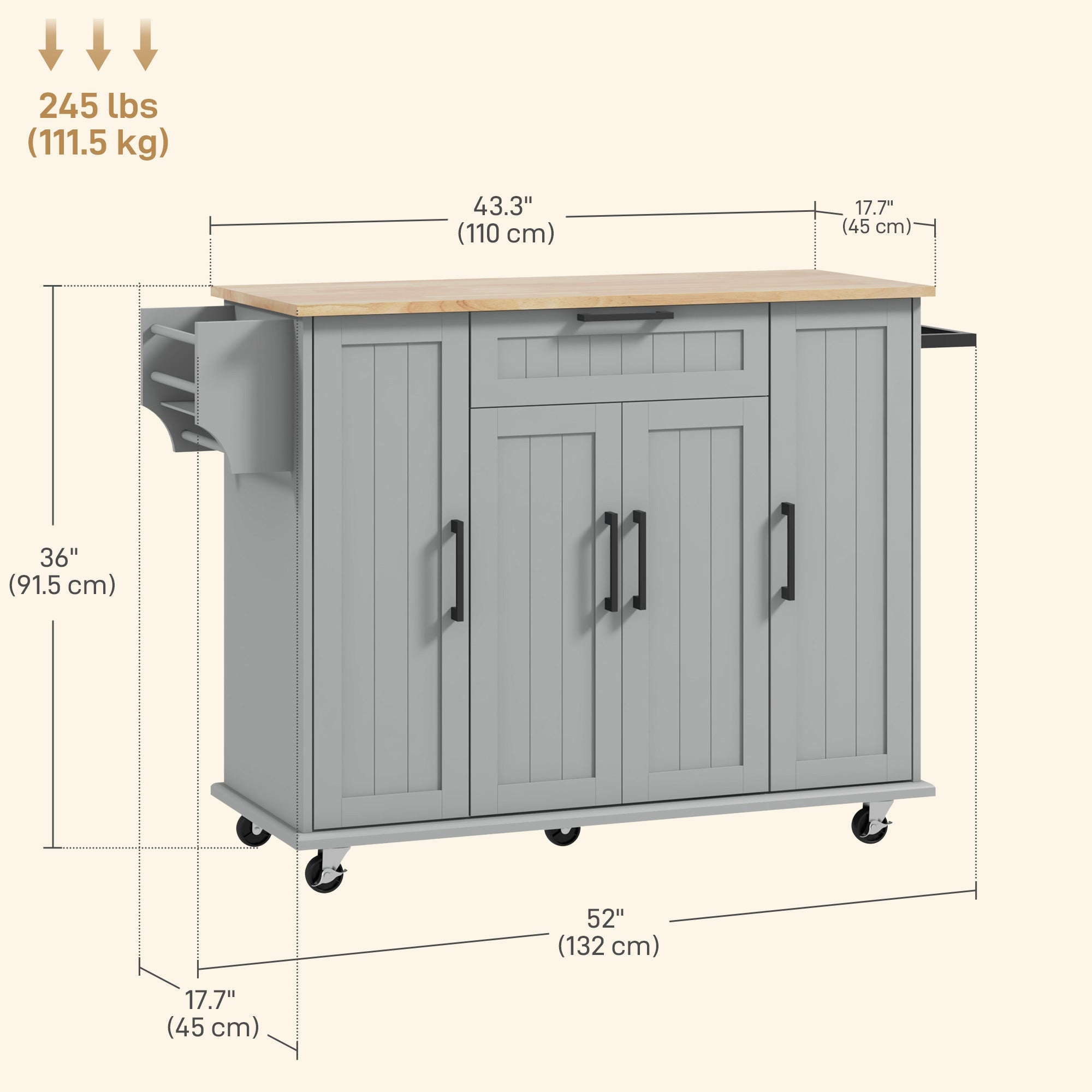 HOMCOM Modern Rolling Kitchen Island Cart with Drawers, Natural Wood Top, Towel Rack, Door Storage Cabinet, Grey 