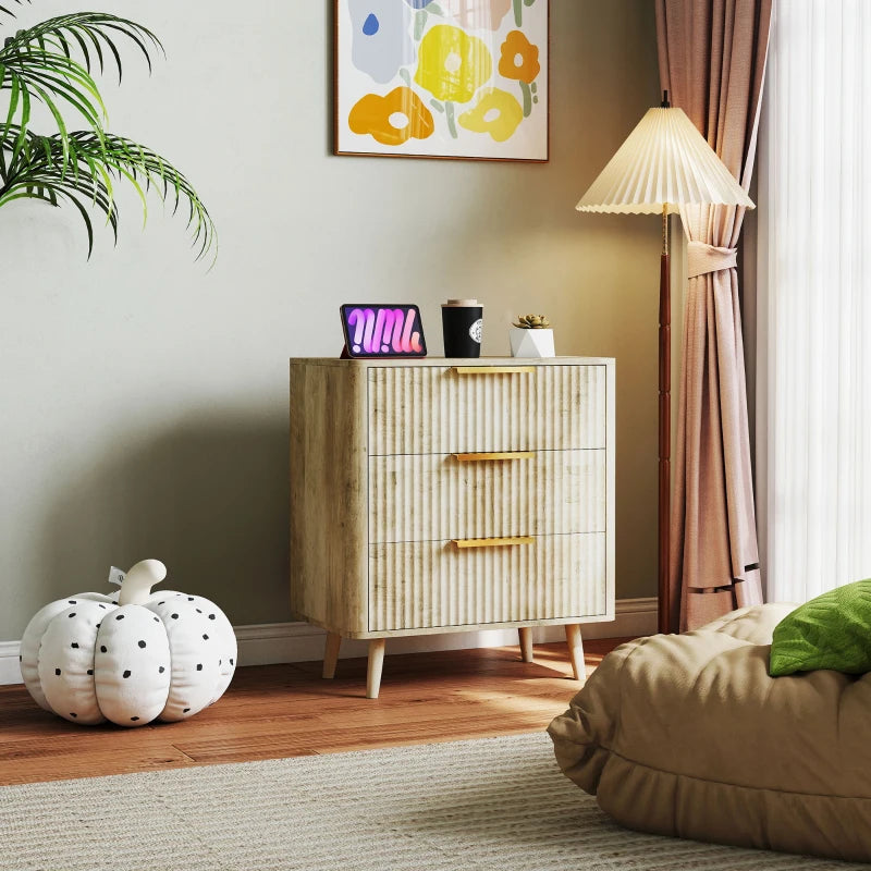 Fluted Chest of Drawers, Modern 3 Drawer Dresser with Pine Wood Legs, Finger Pulls for Closet, Living Room, Hallway, Oak