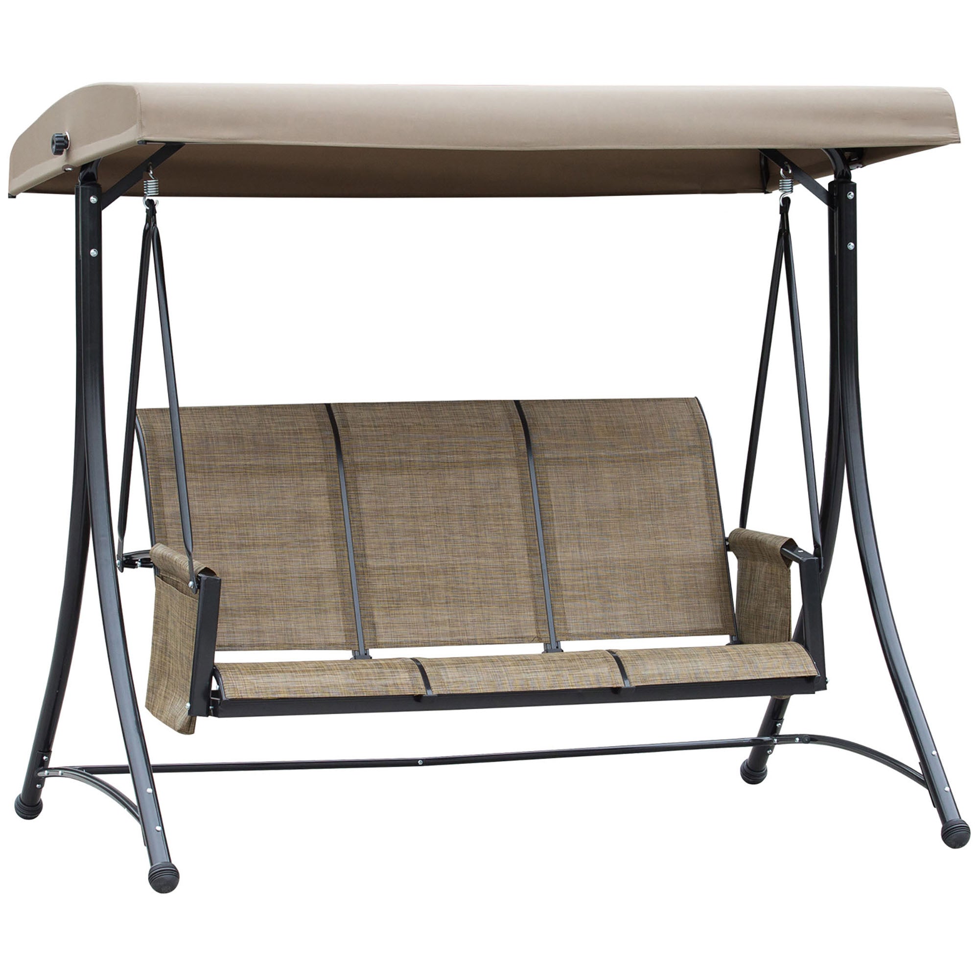 Outsunny 3 Person Porch Swing Outdoor Swing Chair with High Back Design, Side Pouches and Adjustable Canopy, Brown 