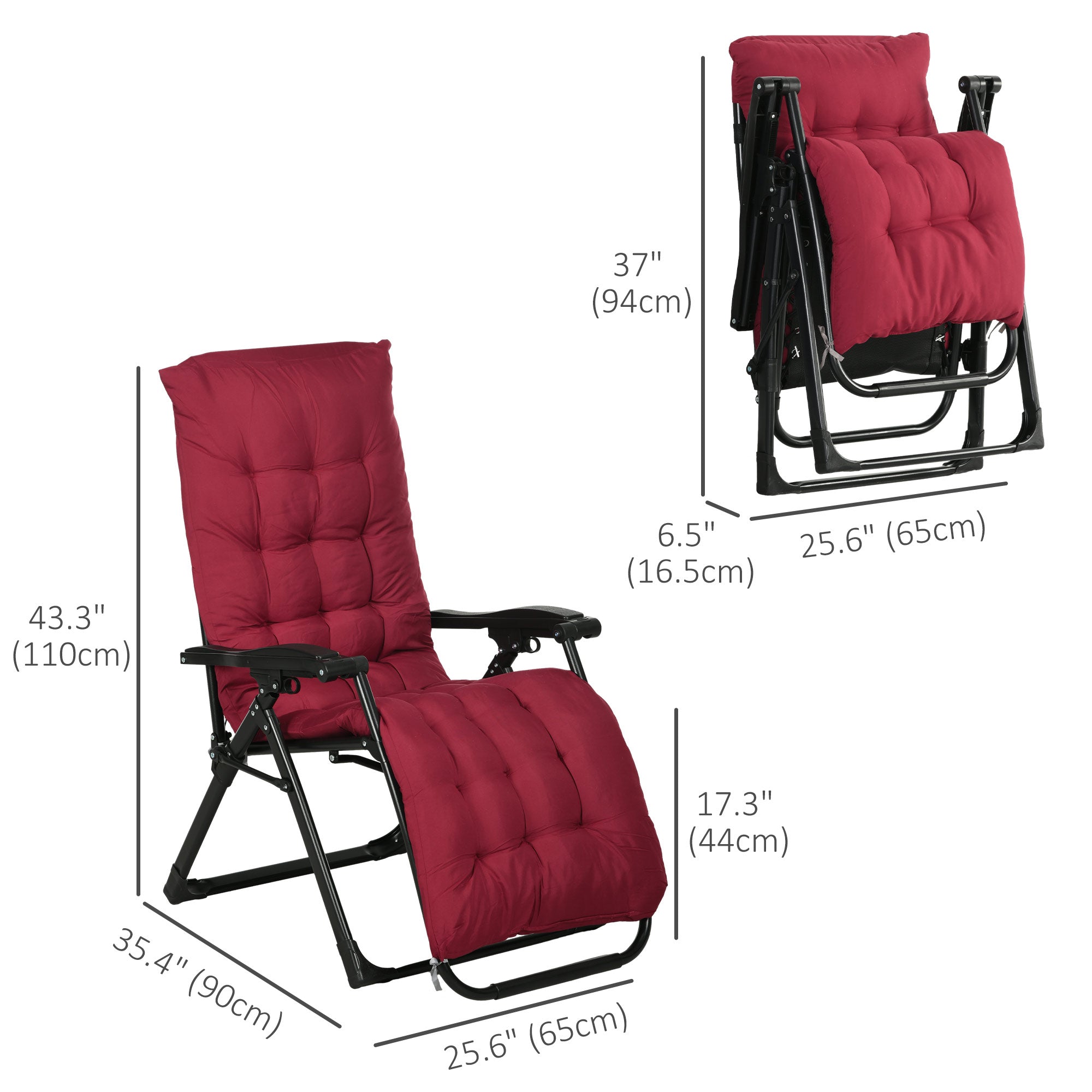 Outsunny Garden Chairs Set of 2 Reclining Zero Gravity Sun Lounger with Cushion Red Durable 