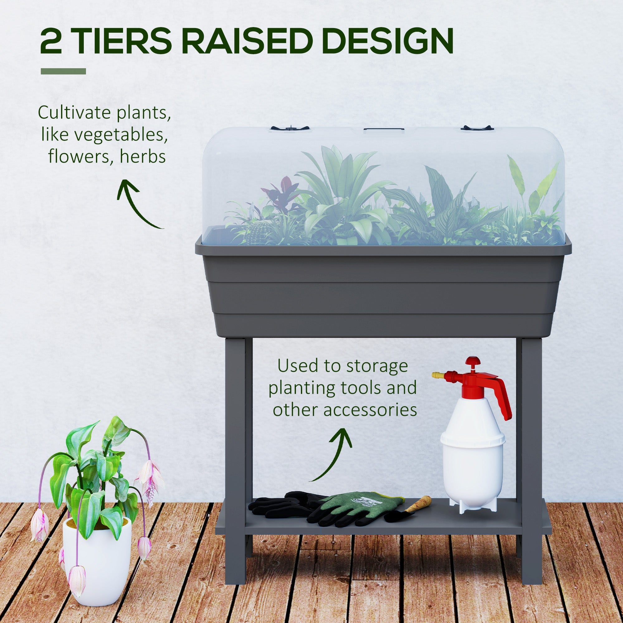 Outsunny 41L Self Watering Raised Garden Bed w/ Ventilation Transparent Lid Greenhouse, Planter Box w/ Storage Shelf, Dark Grey 