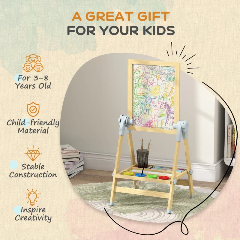 Qaba Wooden Art Easel, Double Sided Kids Easel with Height Adjustable Chalkboard and Magnetic Whiteboard, Natural