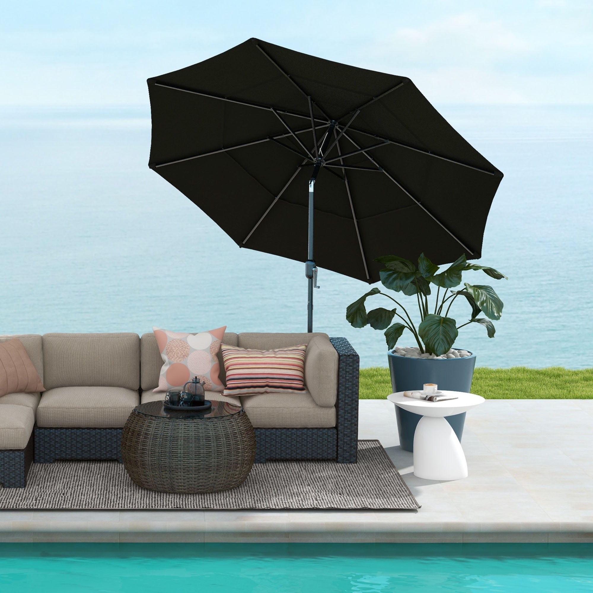 Outsunny 9FT Black Patio Umbrella 3 Tiers with Crank, Push Button Tilt for Outdoor Comfort on Deck, Backyard & Lawn - Find Shade 
