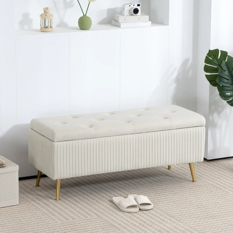 Storage Ottoman Bench, 43 Inch Large Storage Chest with Steel Legs and Padded Seat, Foot Rest, Load 485 lbs, Beige