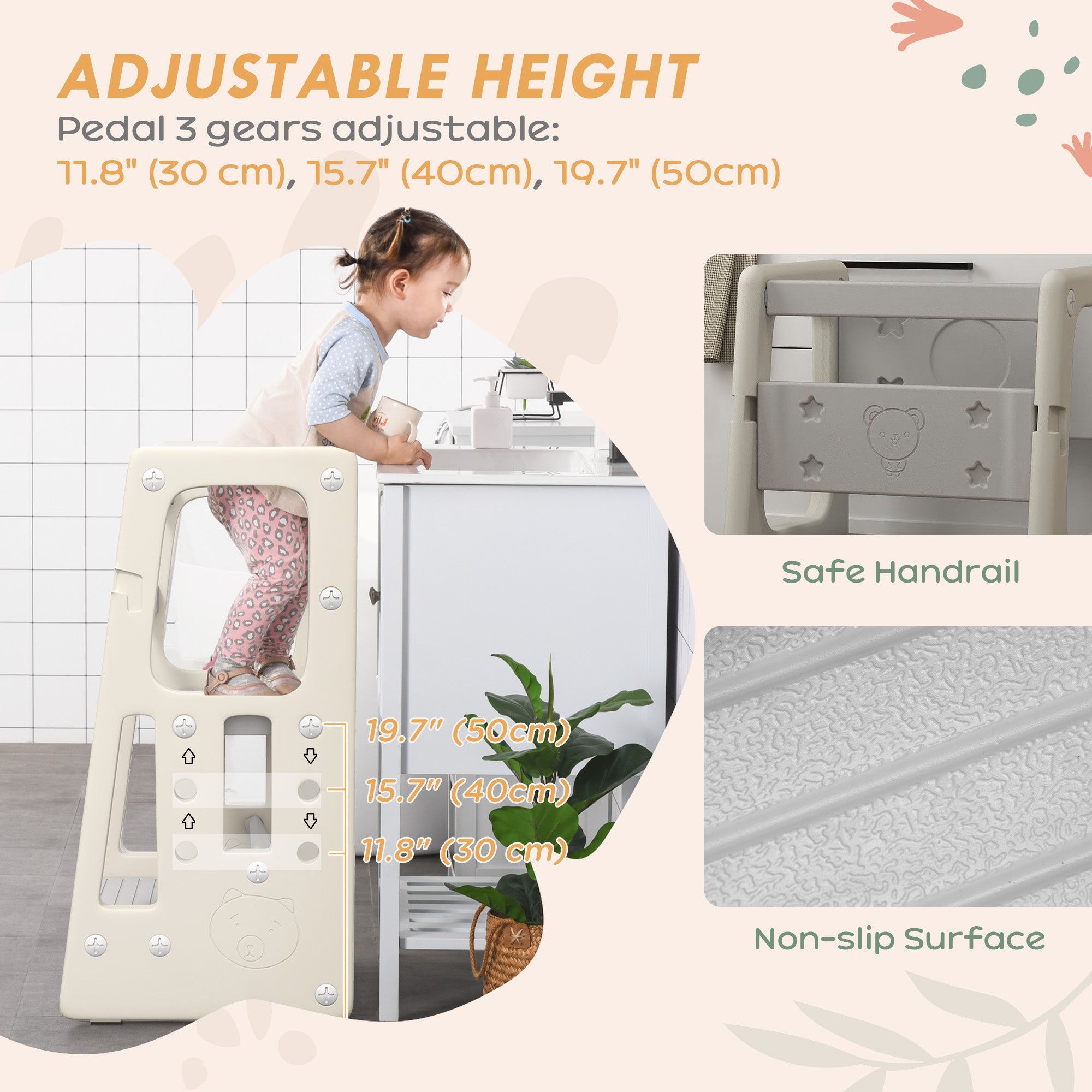 Qaba Kids Step Stool Adjustable Standing Platform Cream White 