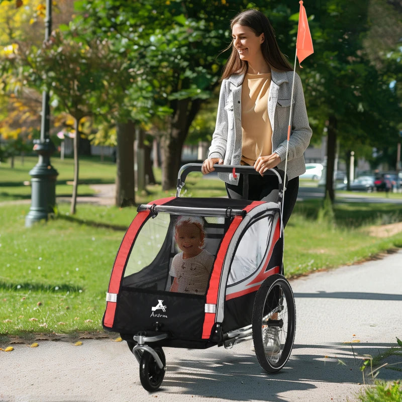 Aosom 3-in-1 Bike Trailer for Kids, Running Stroller with 2 Seats, Jogging Cart with 5-Point Harness, Storage Units, Red