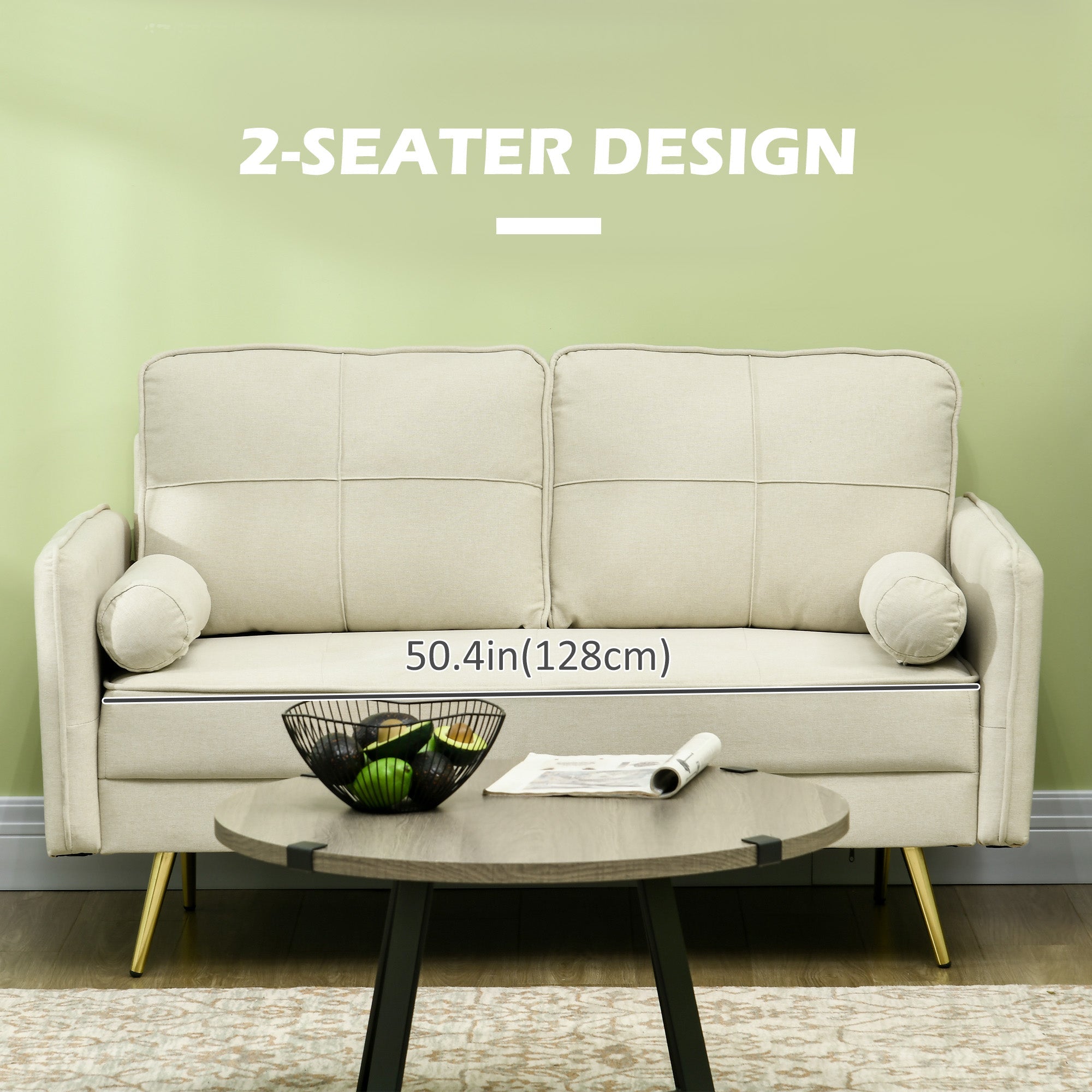 HOMCOM 56" Loveseat Sofa Beige Upholstered 2 Seater Couch with Back Cushions for Bedroom Comfortable 