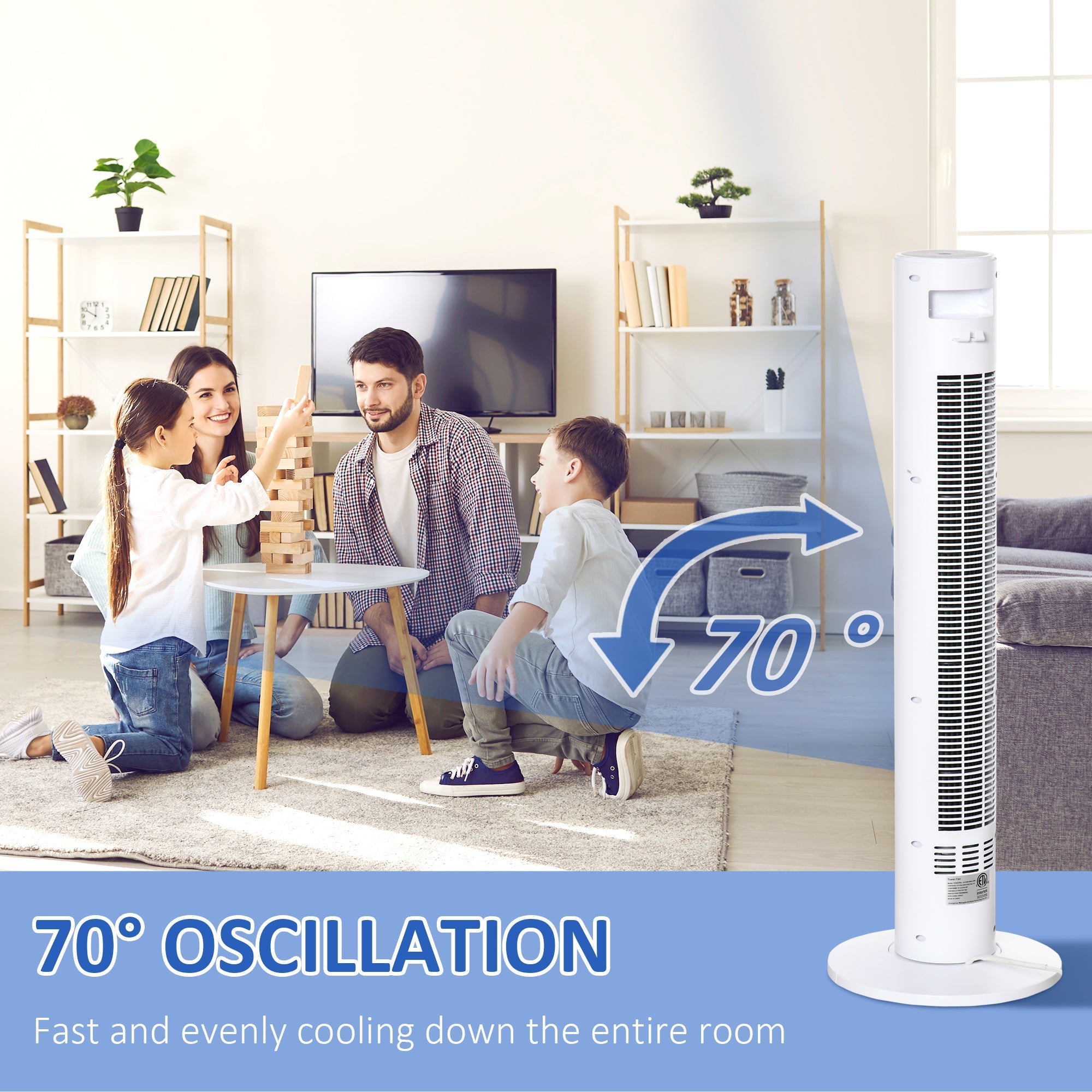 HOMCOM Tower Fan Oscillating 3 Speed 12h Timer LED Remote Control Cooling for Bedroom Home White 