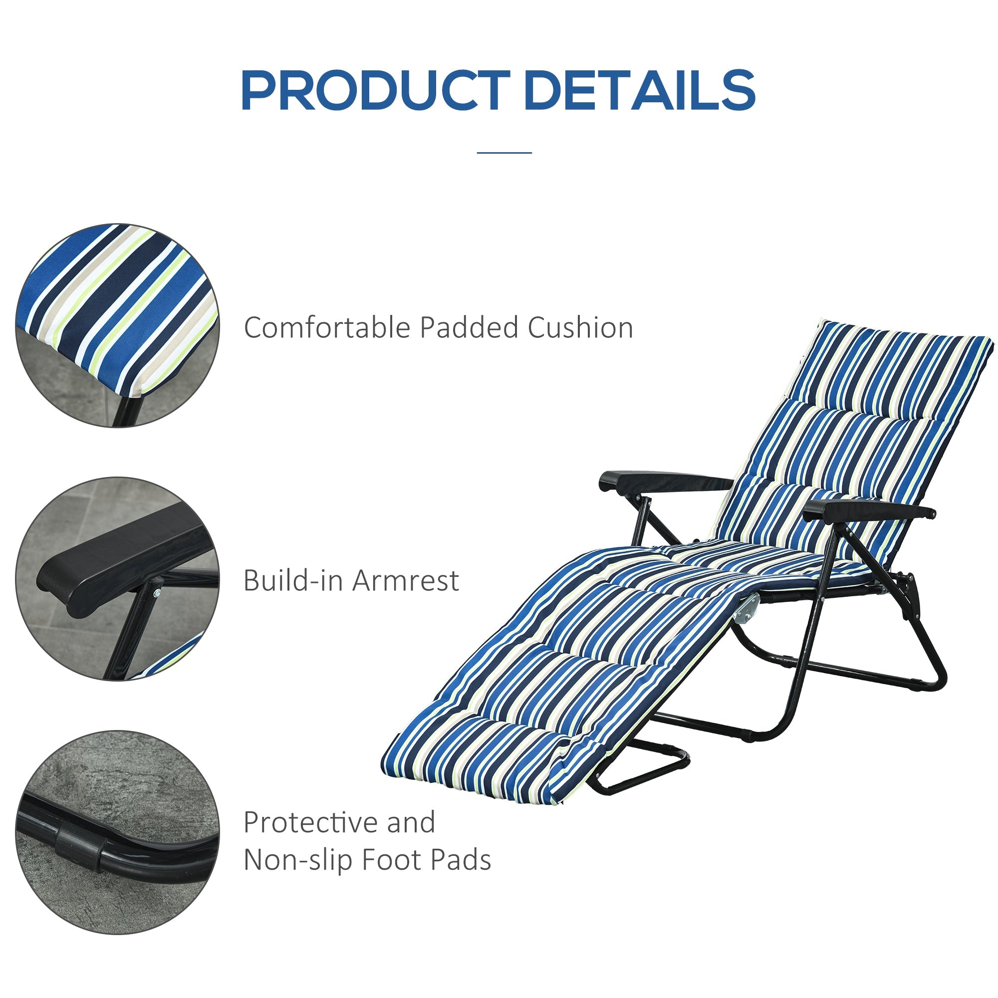 Outsunny Foldable Lounge Chair, Reclining Patio Sun Lounger with 6-Position Adjustable Back, Blue and White 