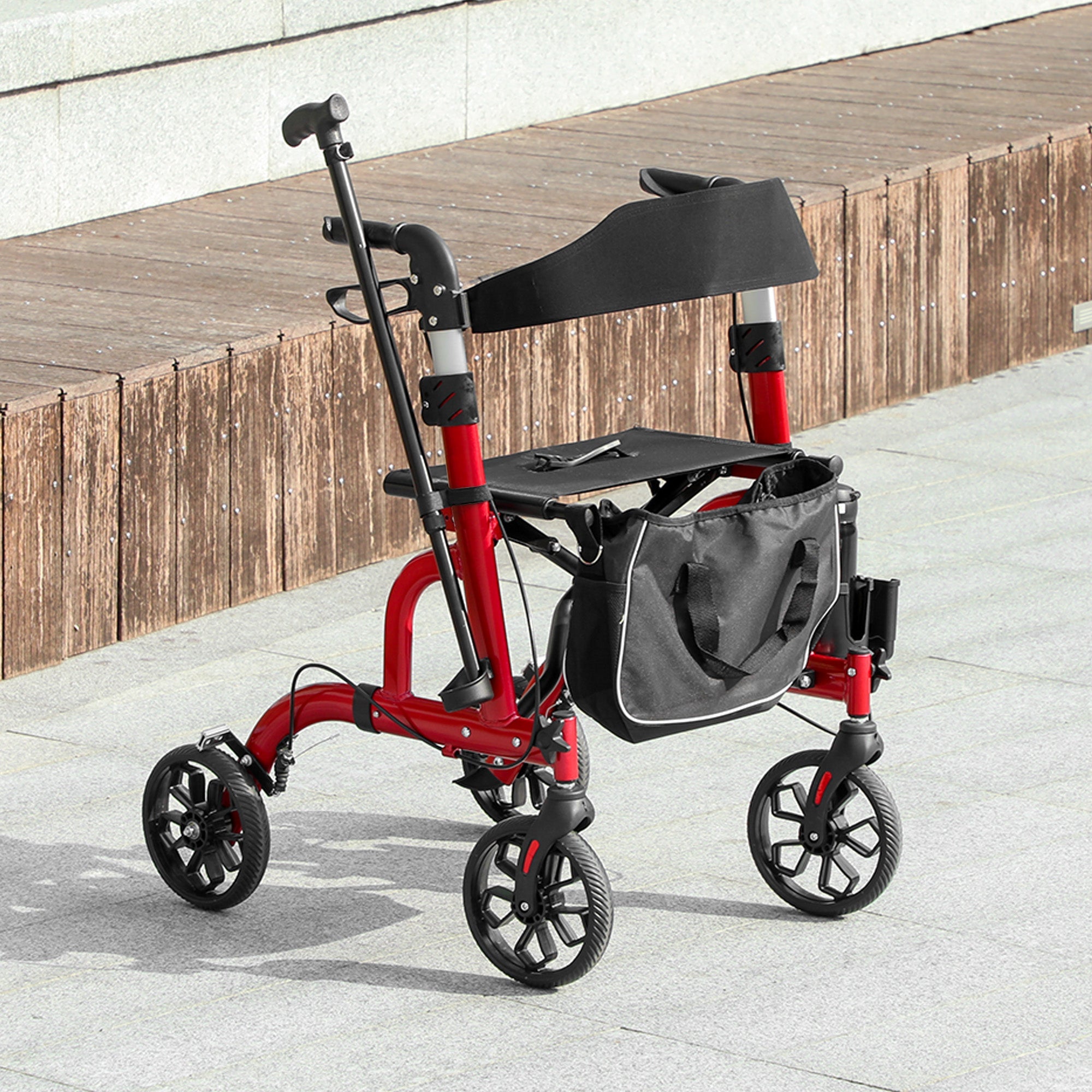 HOMCOM Rollator Walker for Seniors and Adults with 8'' Wheels, Padded Seat and Backrest,  Storage Bag Red 