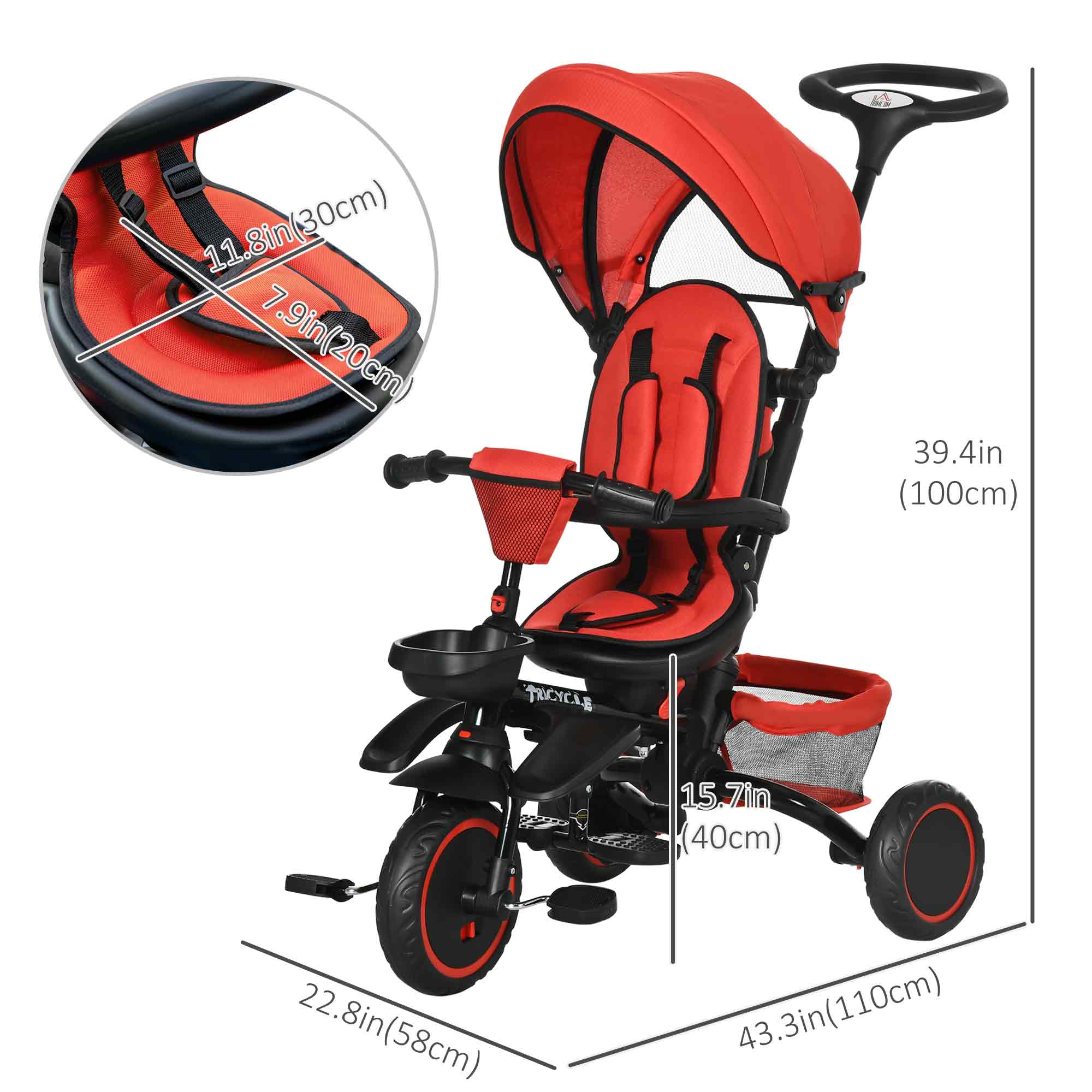 Aosom 6-in-1 Toddler Tricycle, Kids Trike with Rotatable Seat, Adjustable Push Handle, Safety Harness, Detachable Canopy, Red 