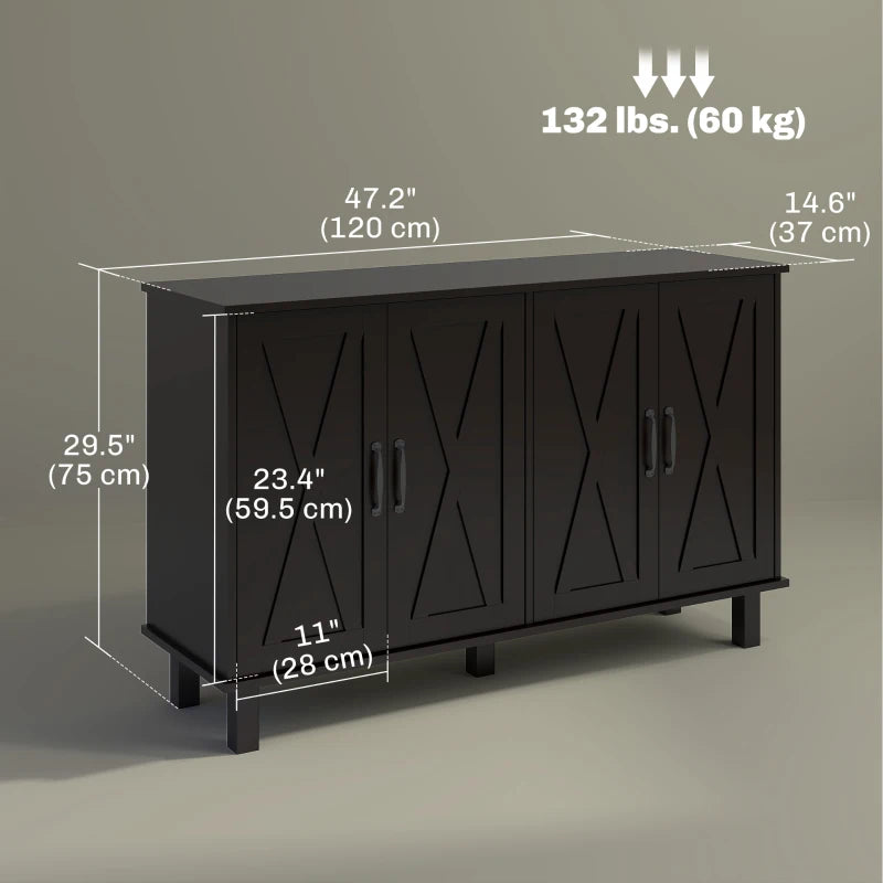 Kitchen Sideboard Cabinet with 4 Barn Doors and 2 Adjustable Shelves, Buffet Table for Living Room, Hallway, Black