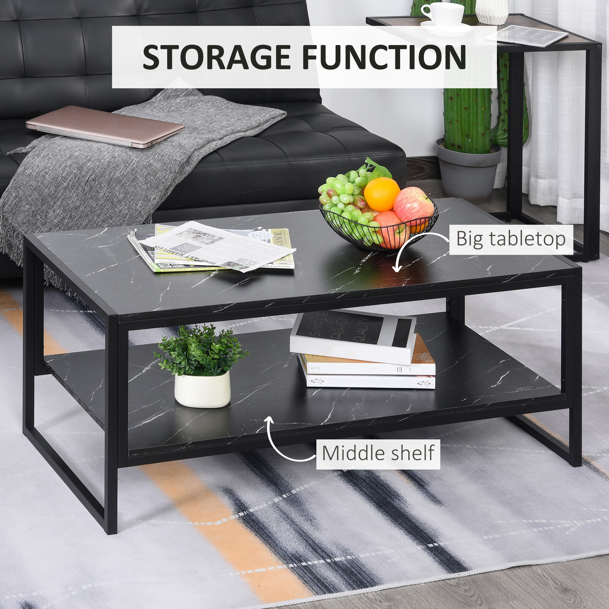 HOMCOM Black 2-Tier Coffee Table: Cocktail Table with Marble Textured Top, Storage Shelf for Living Room, Bedroom, Dorm 