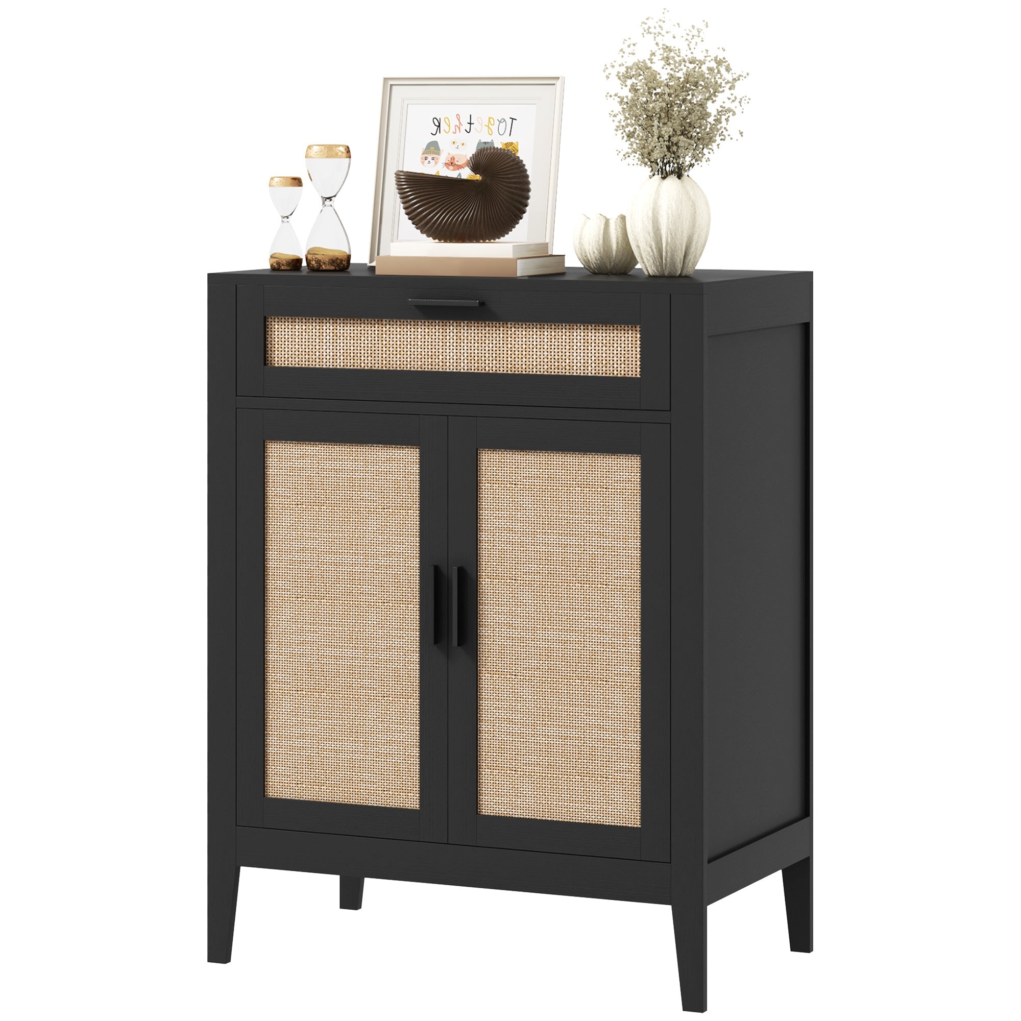HOMCOM Kitchen Buffet Cabinet Boho Storage Cabinet 2 Rattan Decorated Doors Drawer Dining Room Black 