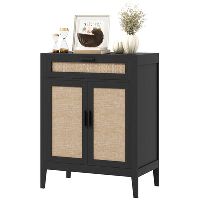 HOMCOM Kitchen Buffet Cabinet Boho Storage Cabinet 2 Rattan Decorated Doors Drawer Dining Room Black 