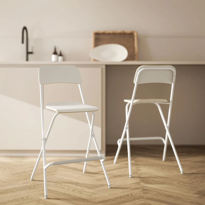Folding Bar Stools Set of 2, Counter Height Foldable Stool with Wooden Effect Seat and Steel Frame for Kitchen, White