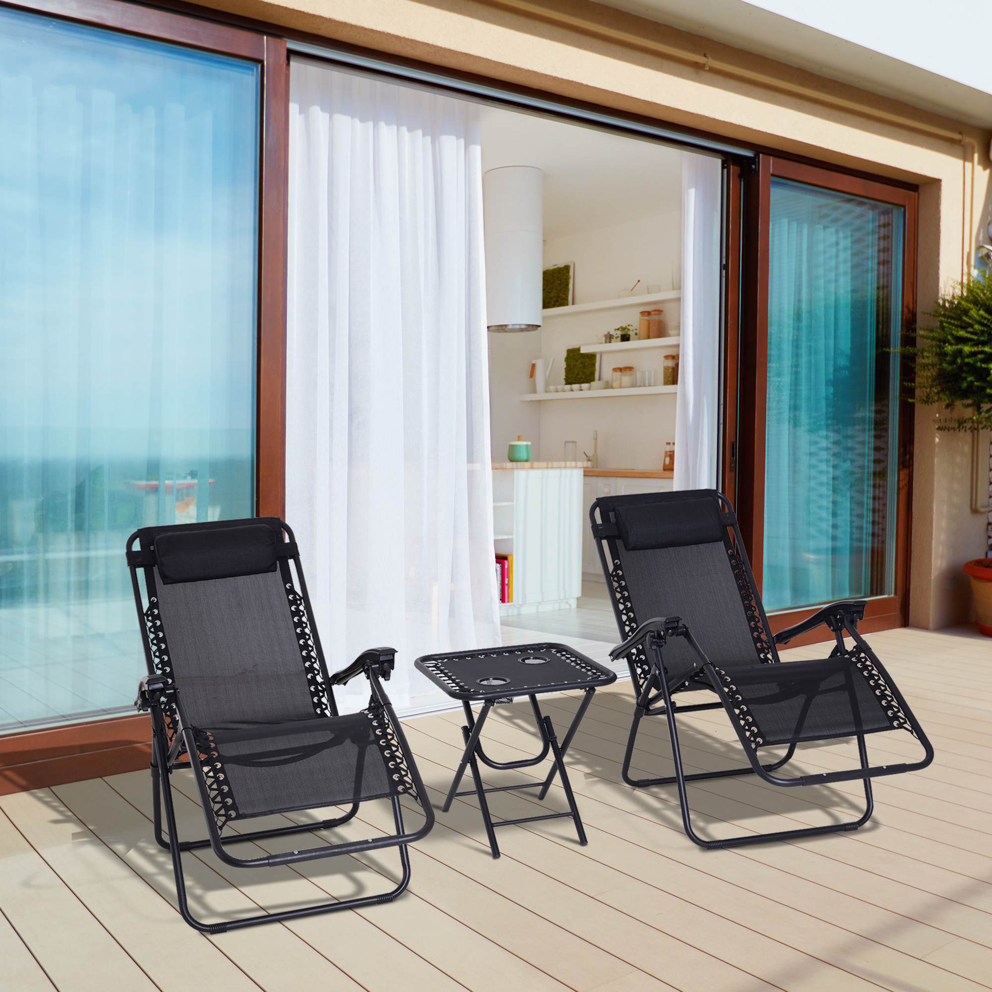 Outsunny Zero Gravity Serenity: 3pcs Patio Chaise Lounge Chair Set with Side Table, Cup Holder, Black Finish 