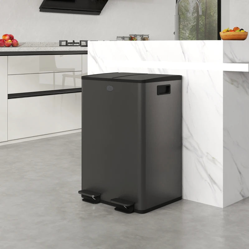 Dual Garbage Bin, Soft-Close Trash Can with Foot Pedal, 2 x 28 Liter Garbage Can with Removable Inner Buckets, Black