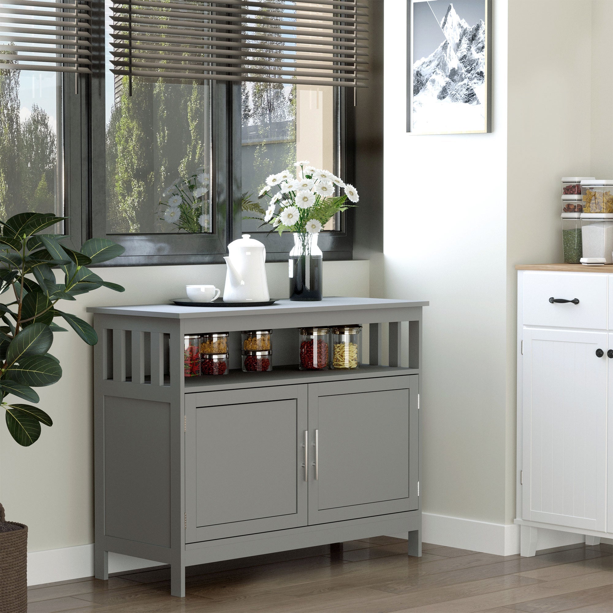 HOMCOM Wooden Storage Console: Kitchen Sideboard Bar Cabinet, Buffet Cabinet with 2-Level Cabinet and Open Shelf, Light Grey 