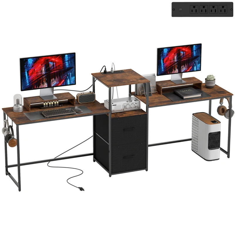 96 Inch Gaming Desk, Dual Computer Desk for 2 Person with Power Outlets and Monitor Stands, Rustic Brown
