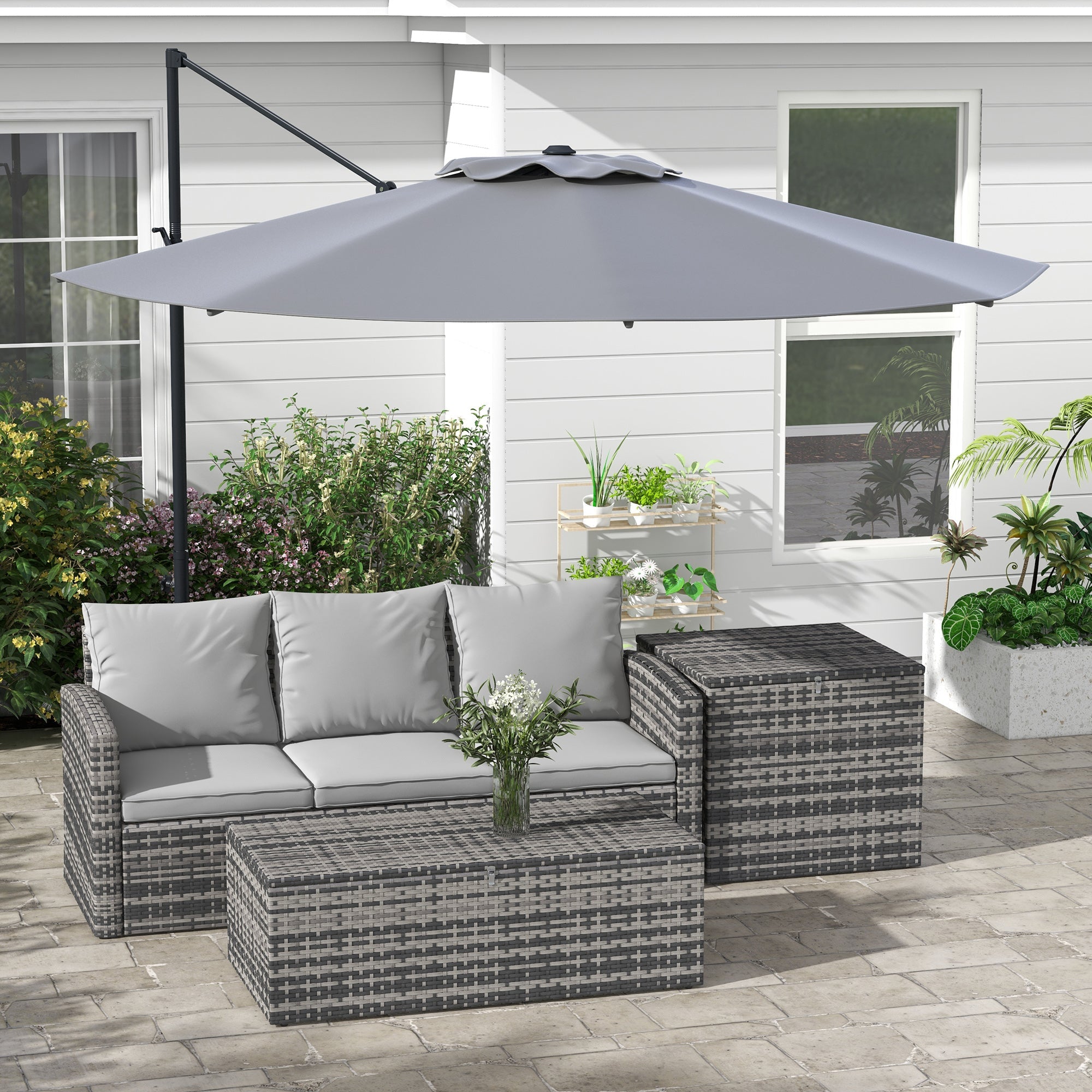 Outsunny Sunshade Sanctuary: 10FT Offset Cantilever Umbrella with 360° Rotating Aluminum Frame, Crank Lift 8 Ribs Cross Base Grey 