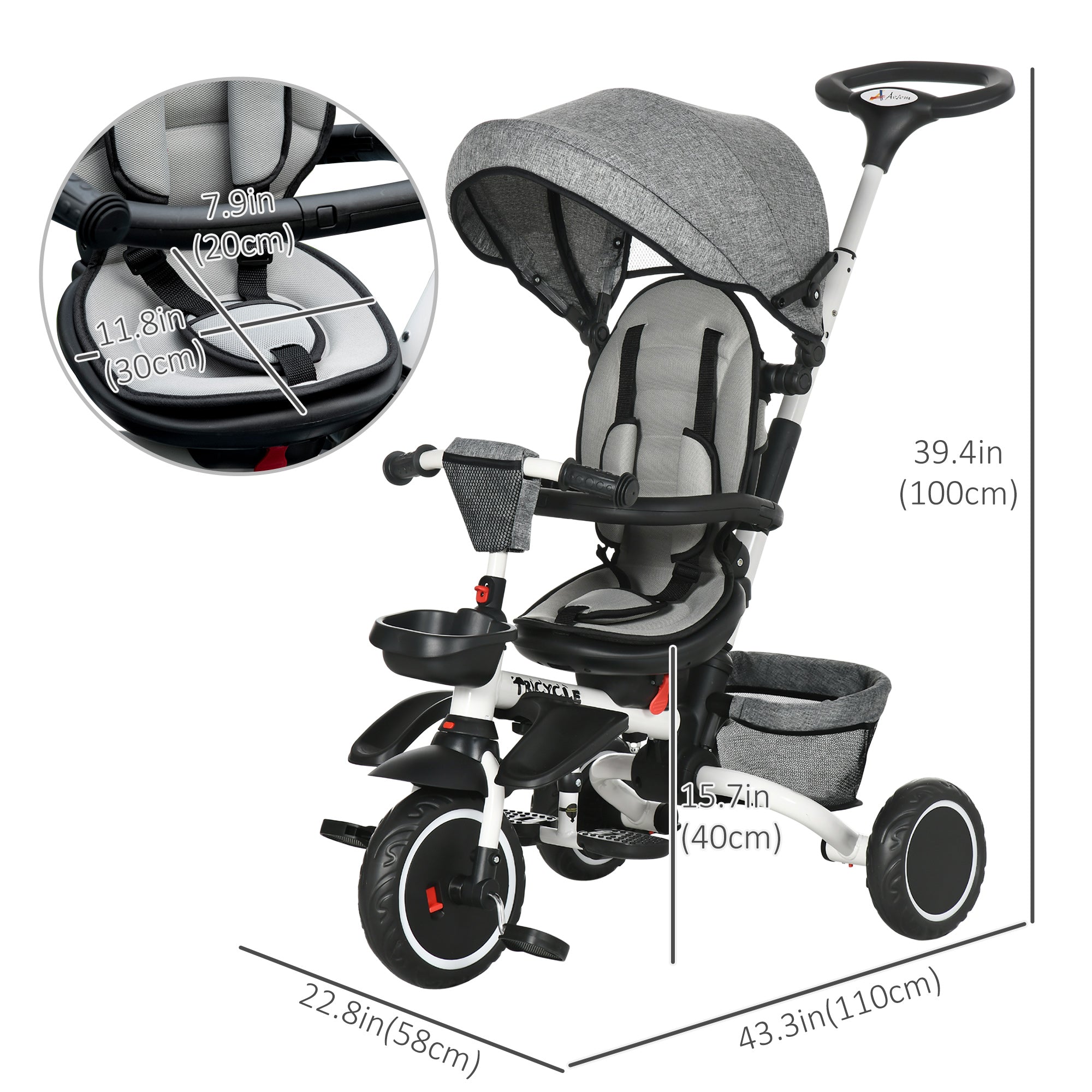 Aosom 7-in-1 Toddler Tricycle, Kids Trike with Rotatable Seat, Adjustable Push Handle, Safety Harness, Detachable Canopy, Footrest| Aosom Canada 