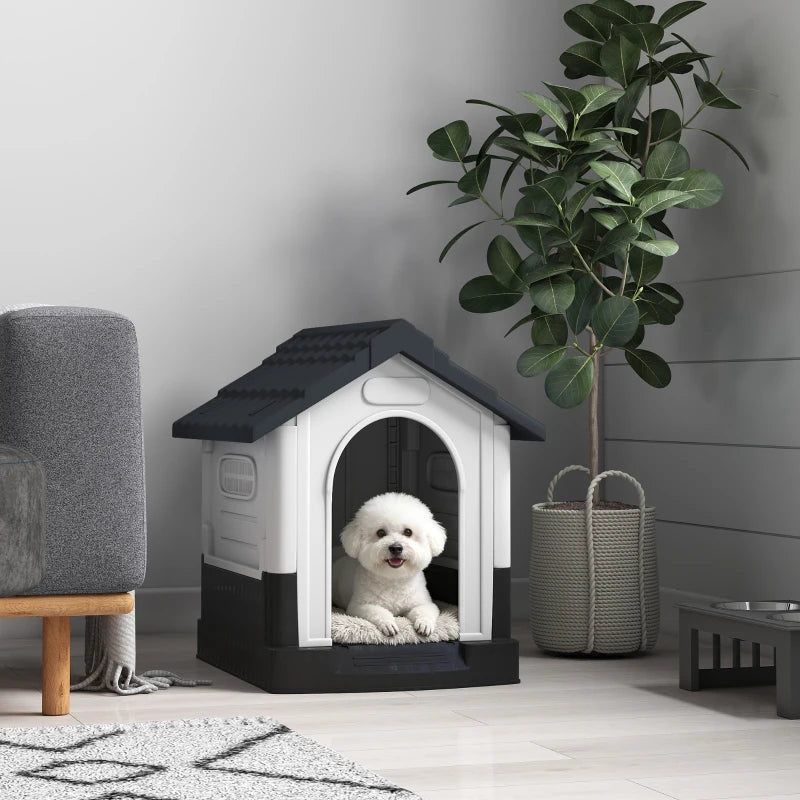 Outside Dog Kennel House with Windows, Base Support, for Garden Patio, Miniature Dogs, 64.5 x 57 x 66cm, Dark Grey