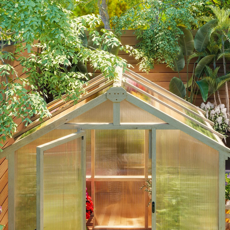 6.6 x 6ft Polycarbonate Greenhouse Wooden Green House with Thickened Polycarbonate Sheets, Lockable Door, Brown
