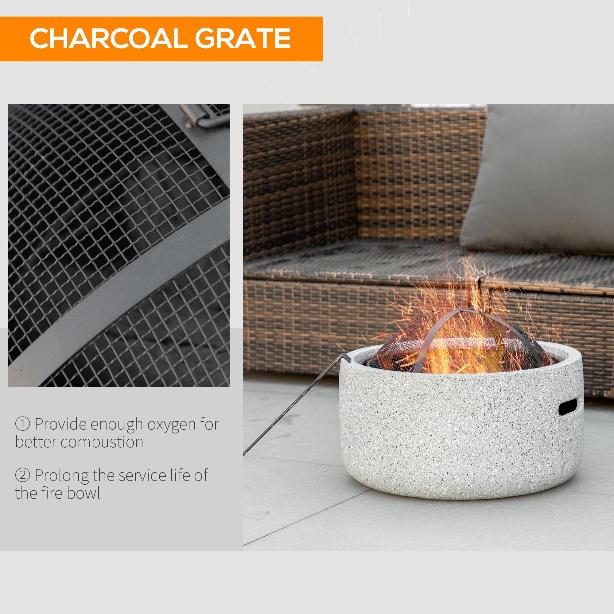 Outsunny 18" Round Outdoor Fire Pit Grey with Poker Spark Screen Wood-burning Bowl Handles Backyard Camping 