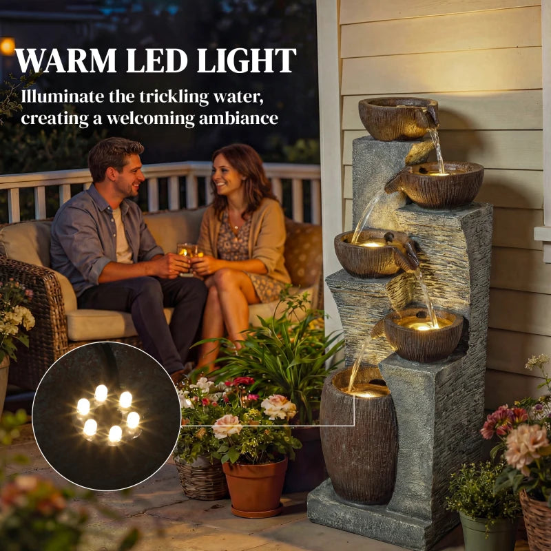Outdoor Cascading Rock Water Fountain, 5-Tier Waterfall Feature with LED Lights, Adjustable Flow, Grey and Rustic Brown