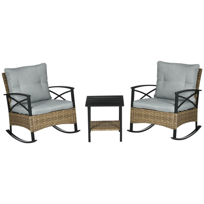 Outsunny Patio Wicker 3 Pieces Rocking Chair Set, PE Rattan Bistro Set with Padded Cushions, Rocker Chairs and Two-tier Iron Plate Top 