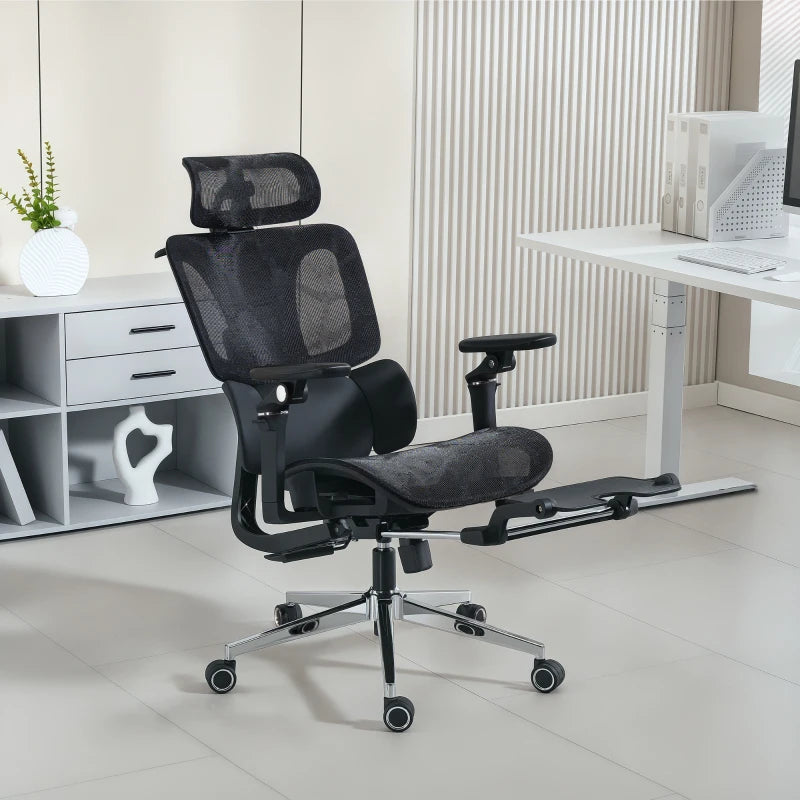 Ergonomic Office Chair, Mesh Computer Chair with High Back, Lumbar Support, 6D Armrests, Headrest, Footrest, Black