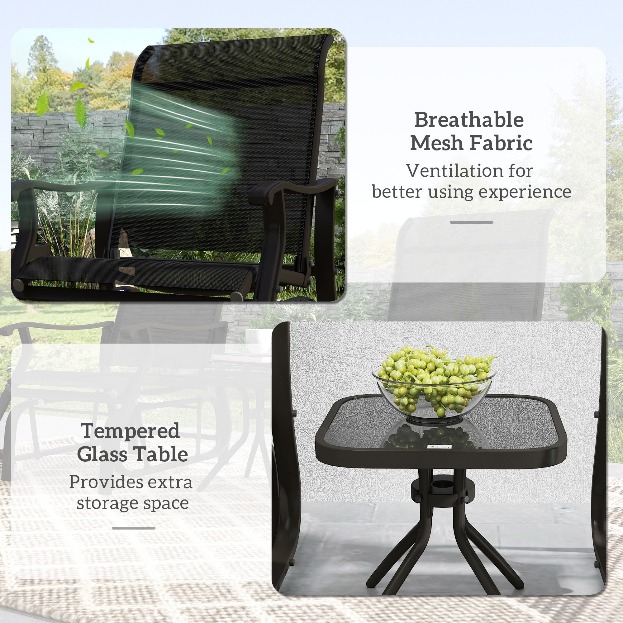 Outsunny 3PCs Gliding Rocking Chair & Bistro Tea Table Set, Black 